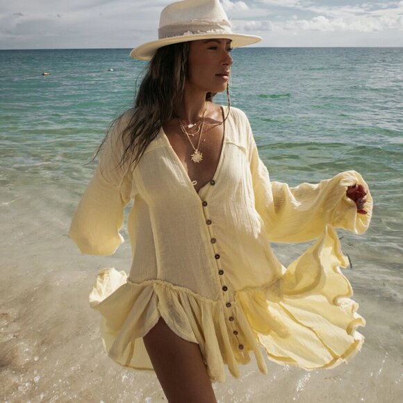 FREE PEOPLE Compare Breaking Hearts Tunic in Mellow Yellow Size Small NWT